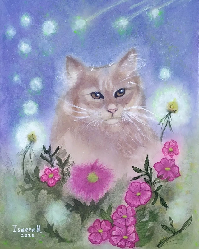 Котёнок среди розовых цветов