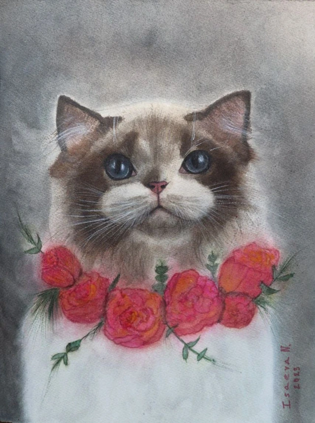 Кошка с ожерельем из роз